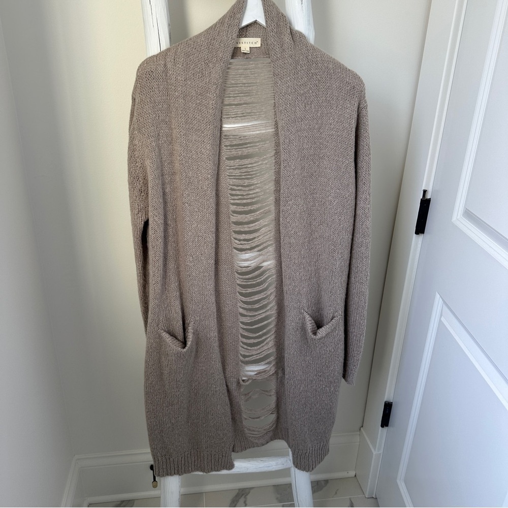 Lovestitch Distressed Cozy Taupe Open-Front Sweater Cardigan SZ Large